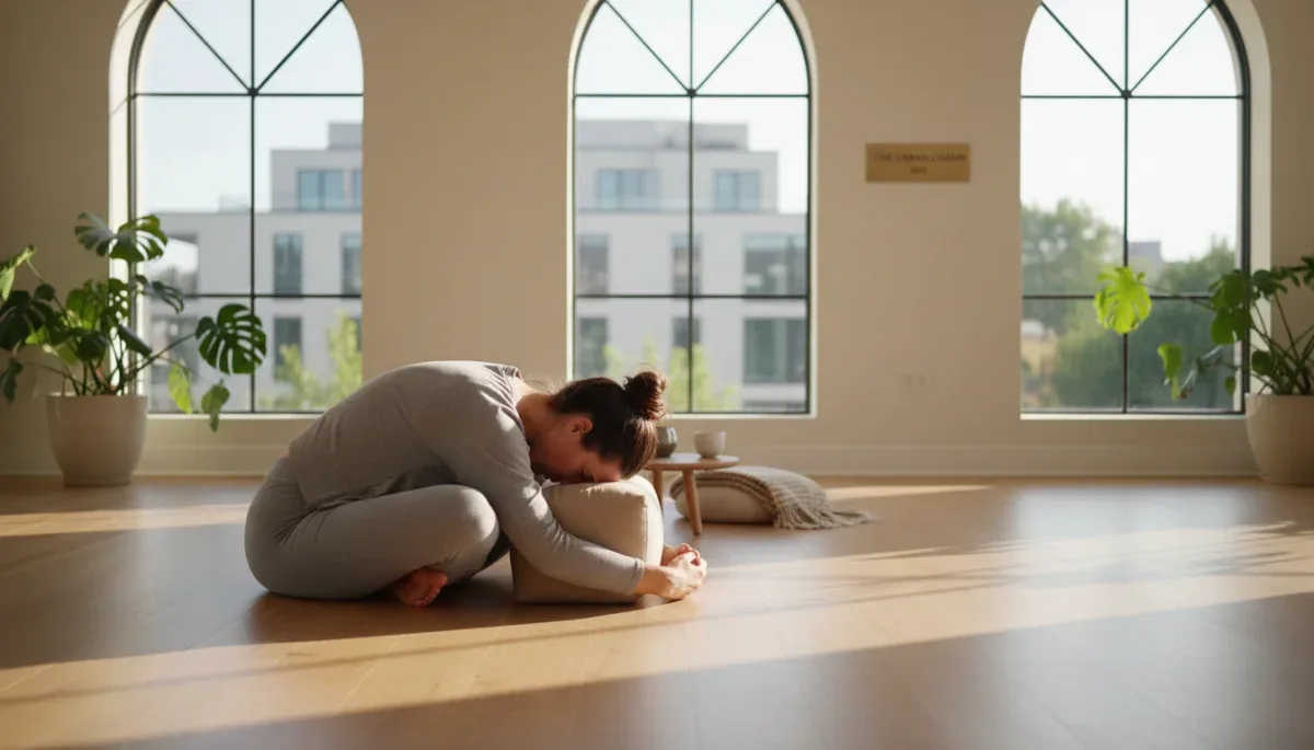 Woman practicing yoga to reduce stress and improve mood in a peaceful setting