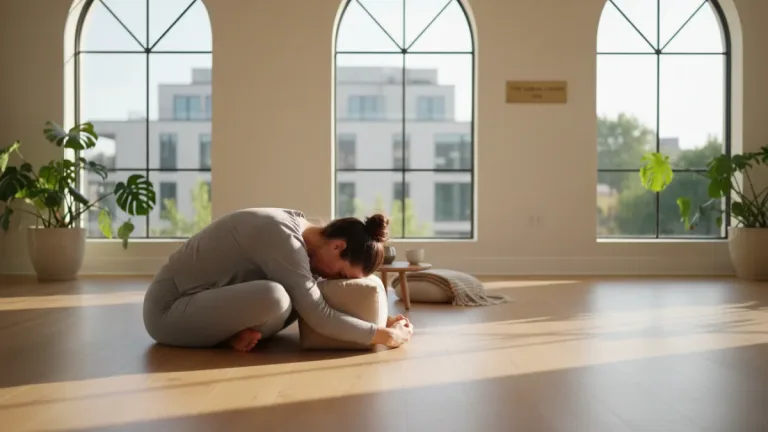 Woman practicing yoga to reduce stress and improve mood in a peaceful setting