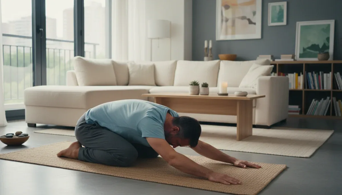 Man in Child's Pose demonstrating stress relief through yoga at home