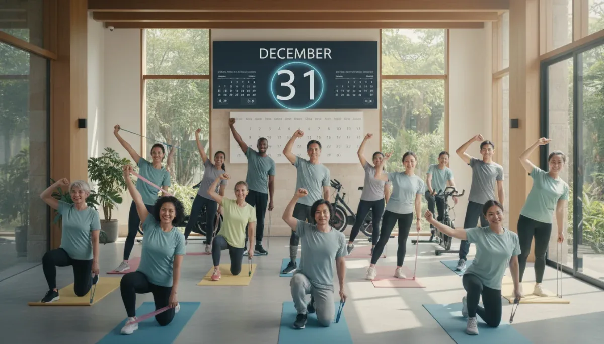 Group of diverse healthy people in a modern wellness center, calendar showing December 2026
