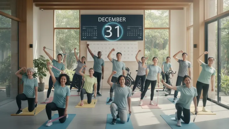 Group of diverse healthy people in a modern wellness center, calendar showing December 2026
