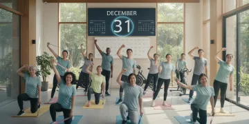 Group of diverse healthy people in a modern wellness center, calendar showing December 2026