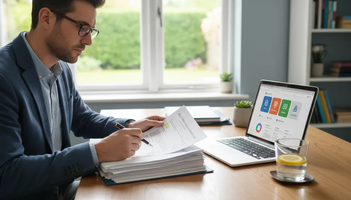 Person reviewing health insurance documents and medical policy at home