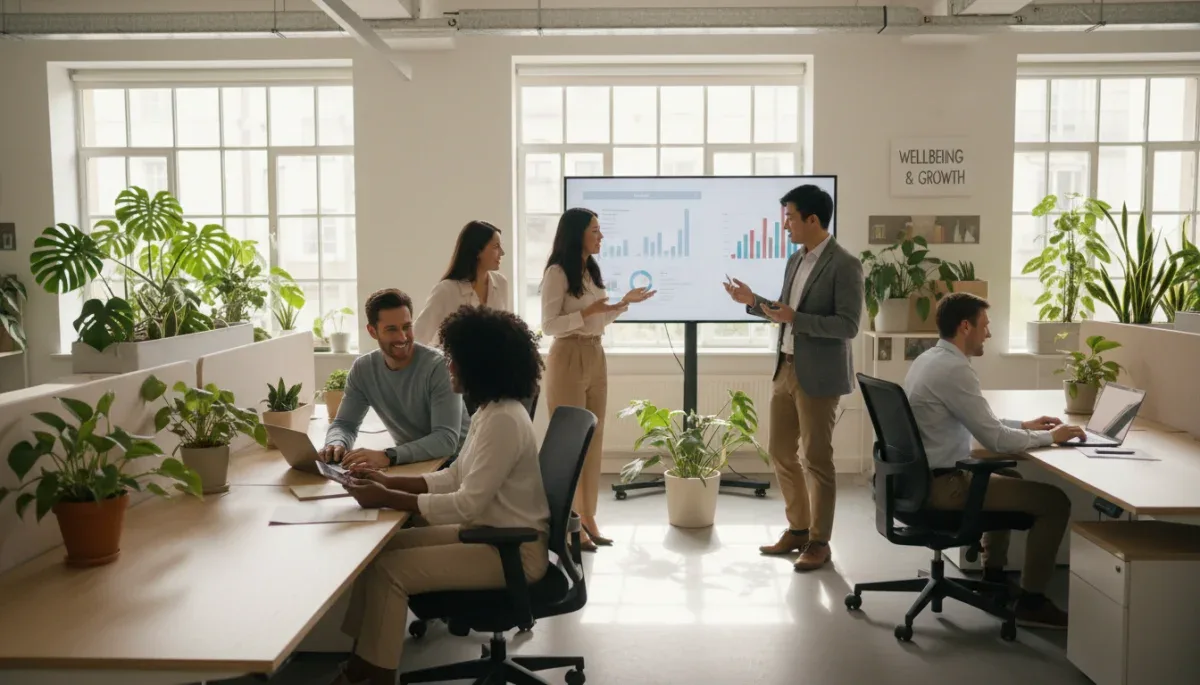 Employees thriving in a modern, stress-free US workplace environment