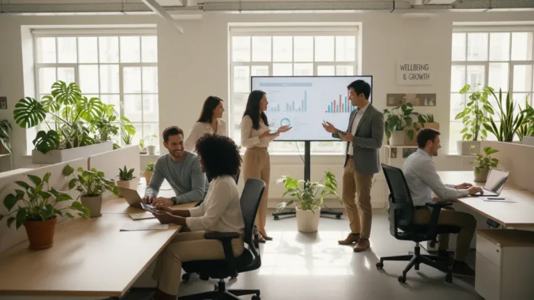 Employees thriving in a modern, stress-free US workplace environment