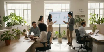 Employees thriving in a modern, stress-free US workplace environment