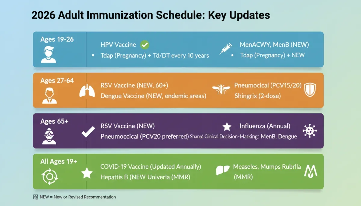 Infographic detailing key changes in 2026 adult immunization schedule.