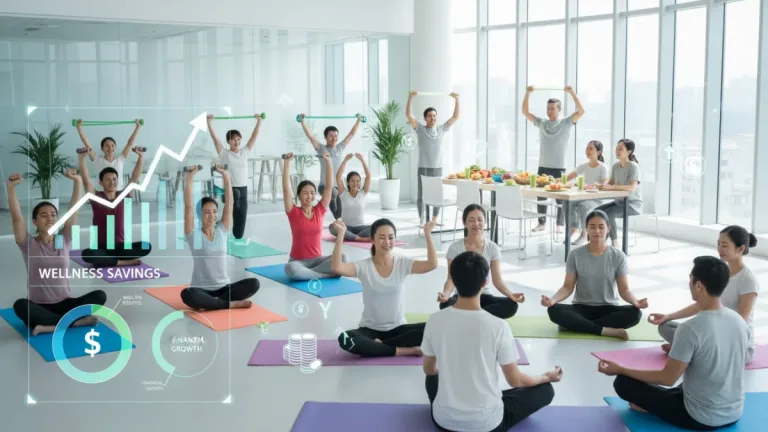Group of diverse employees enjoying a corporate wellness program, symbolizing health and financial benefits.