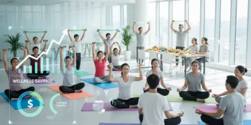 Group of diverse employees enjoying a corporate wellness program, symbolizing health and financial benefits.