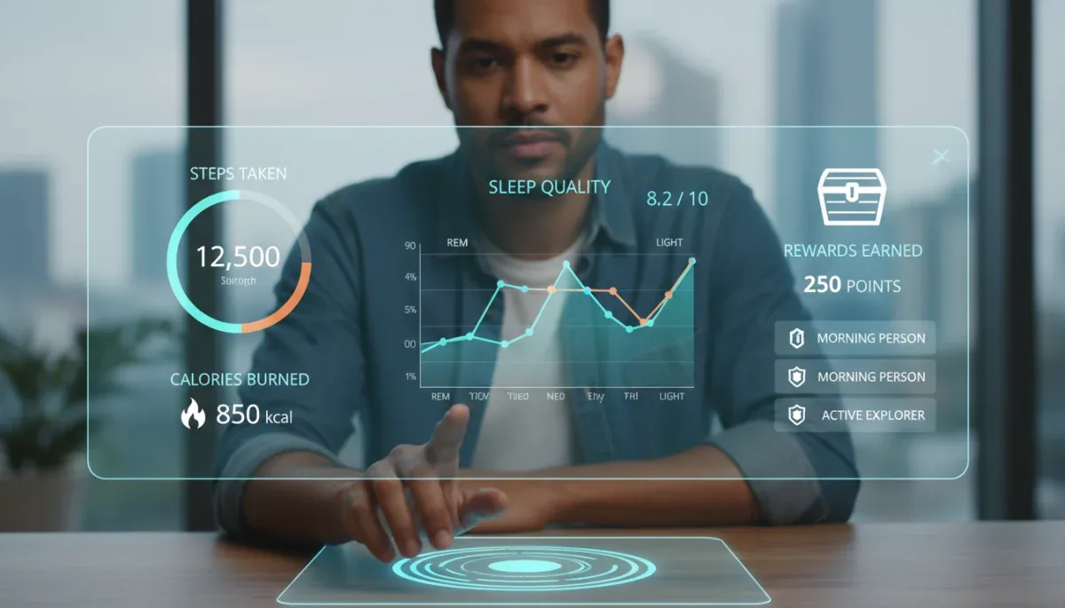 Individual monitoring personal wellness metrics on a digital dashboard, tracking progress and rewards.