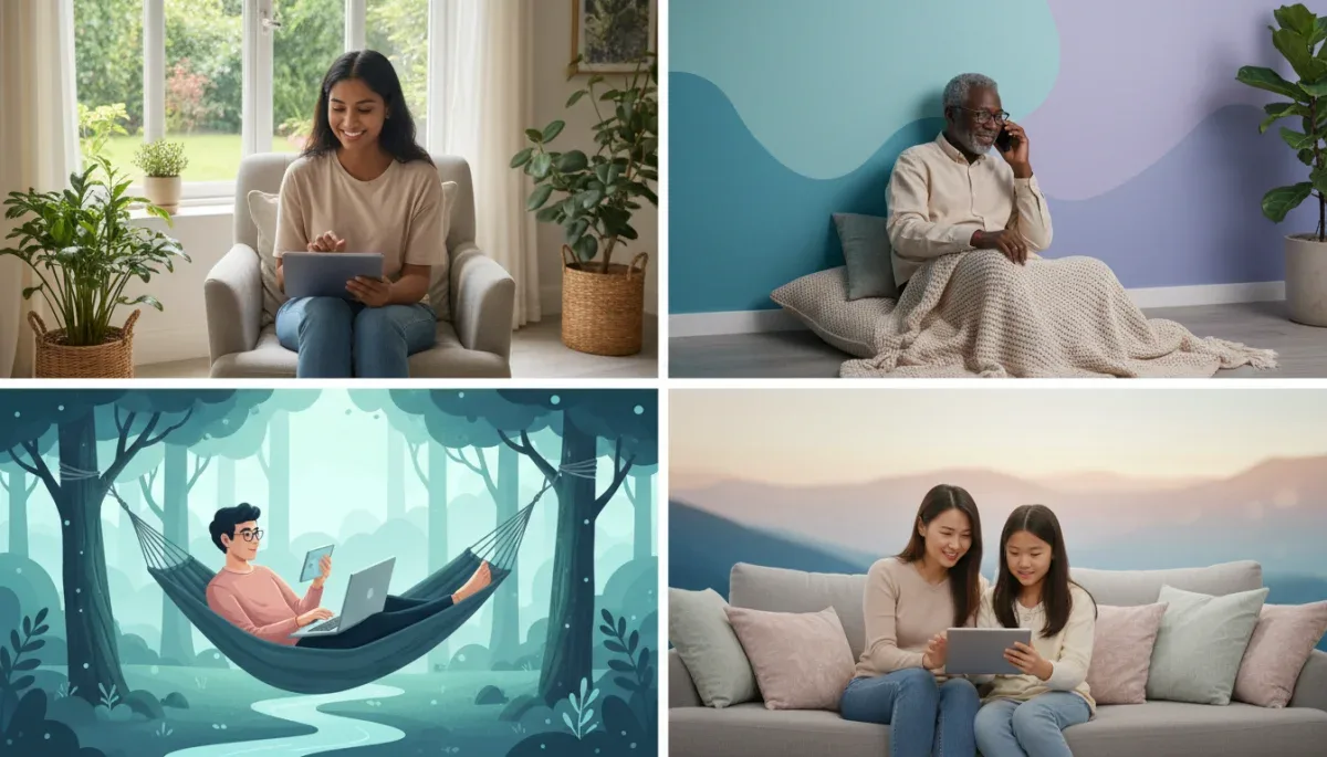 People using telehealth for mental wellness on digital devices