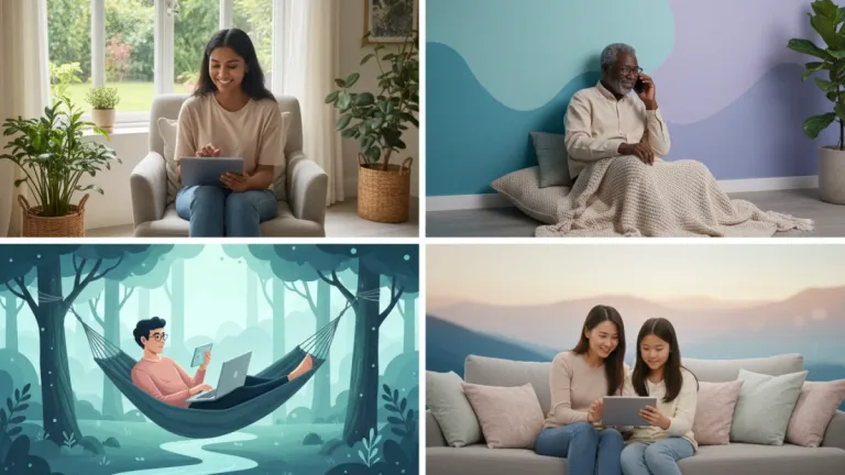 People using telehealth for mental wellness on digital devices