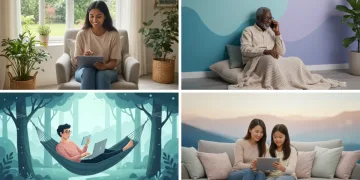 People using telehealth for mental wellness on digital devices