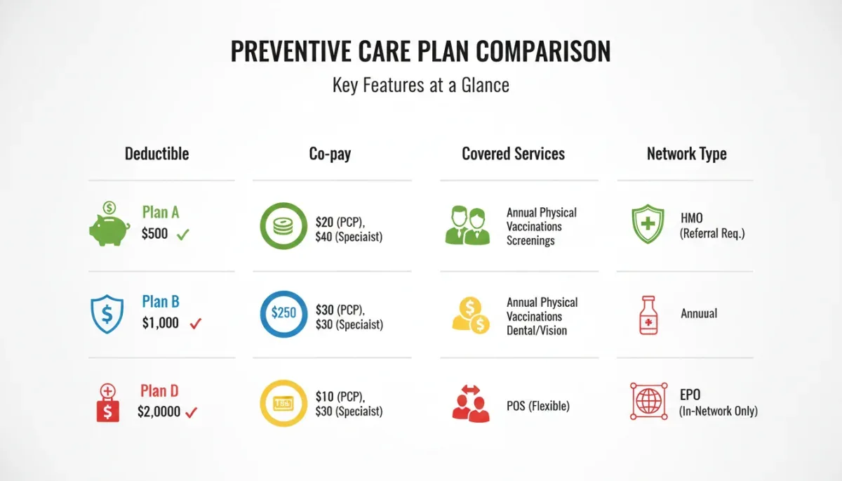 Infographic comparing key features of various preventive care plans in 2026.