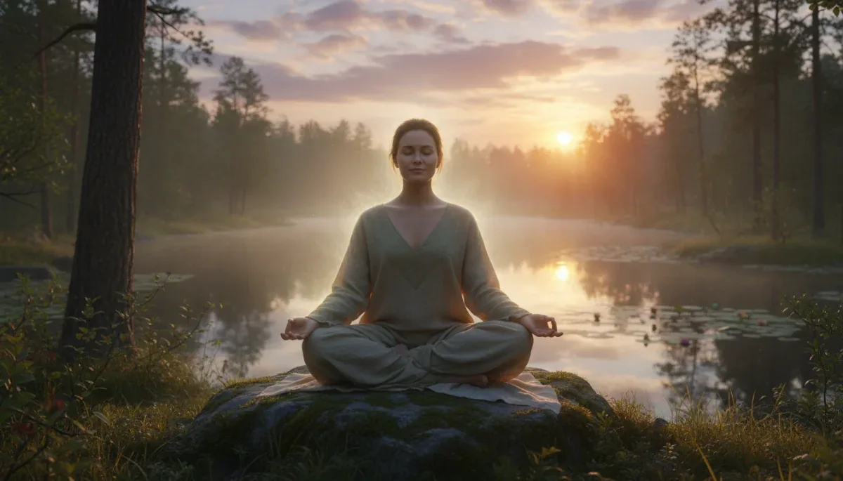 Person meditating peacefully outdoors at sunrise, reducing stress