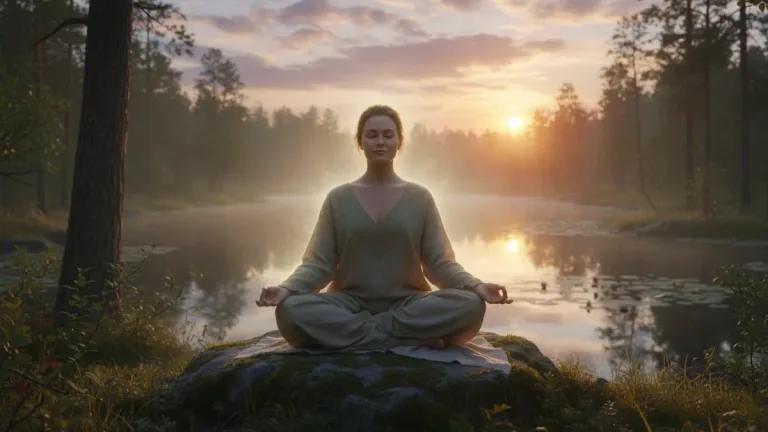 Person meditating peacefully outdoors at sunrise, reducing stress