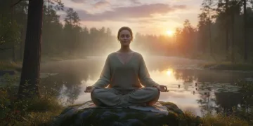 Person meditating peacefully outdoors at sunrise, reducing stress