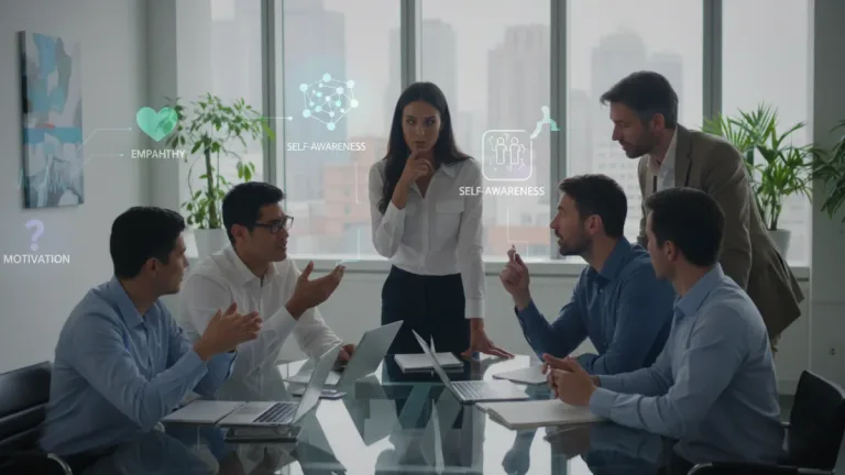 Diverse US professionals collaborating, showing strong emotional intelligence in a modern office
