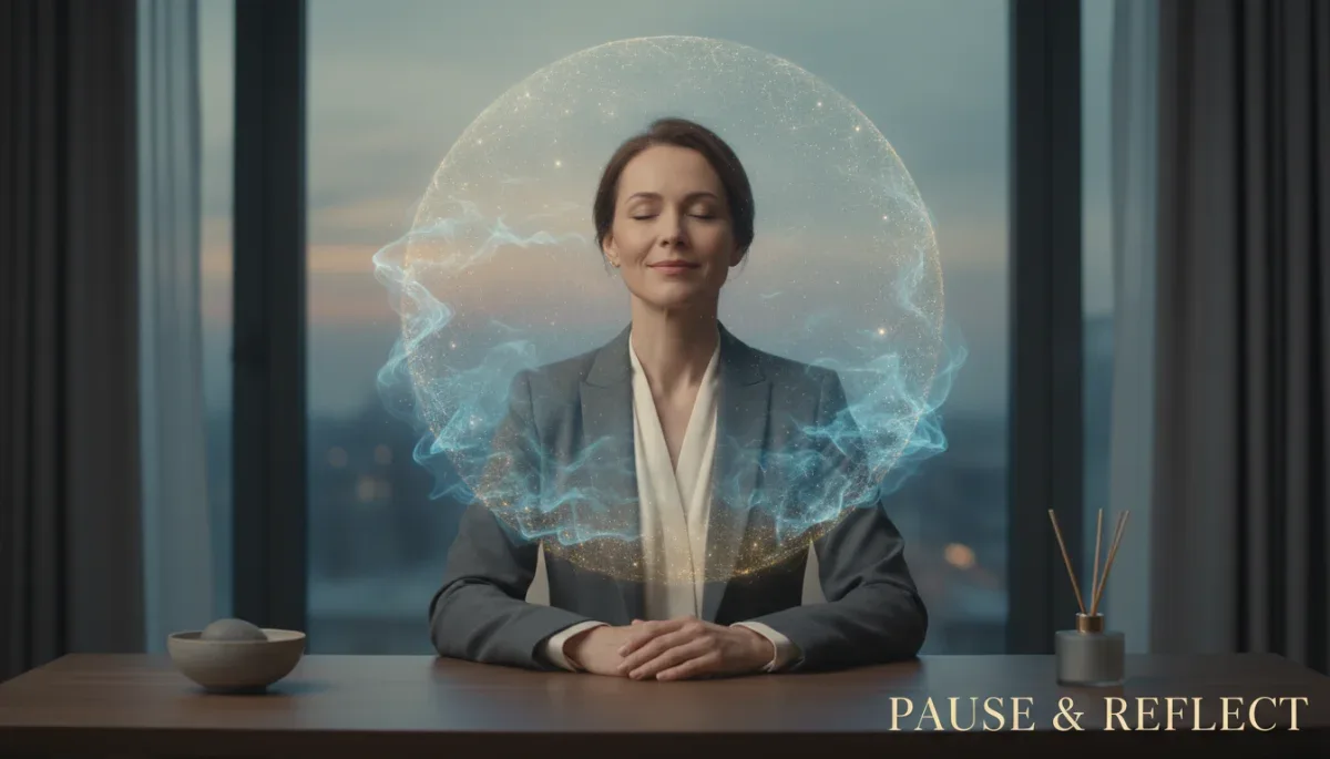 Professional practicing mindfulness, reflecting on emotions at a desk