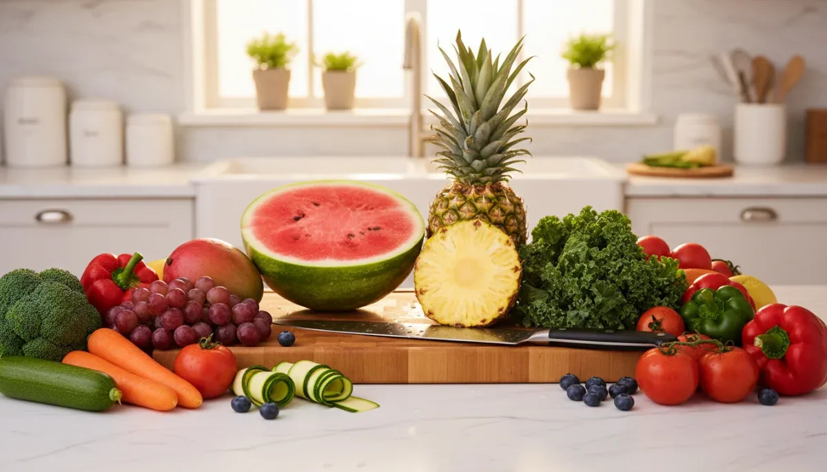 Colorful fresh fruits and vegetables on a kitchen counter for healthy eating