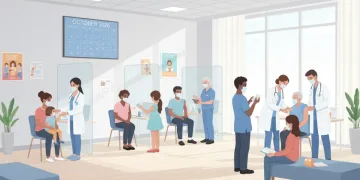 Healthcare professional administering flu vaccine to an adult in a clinic