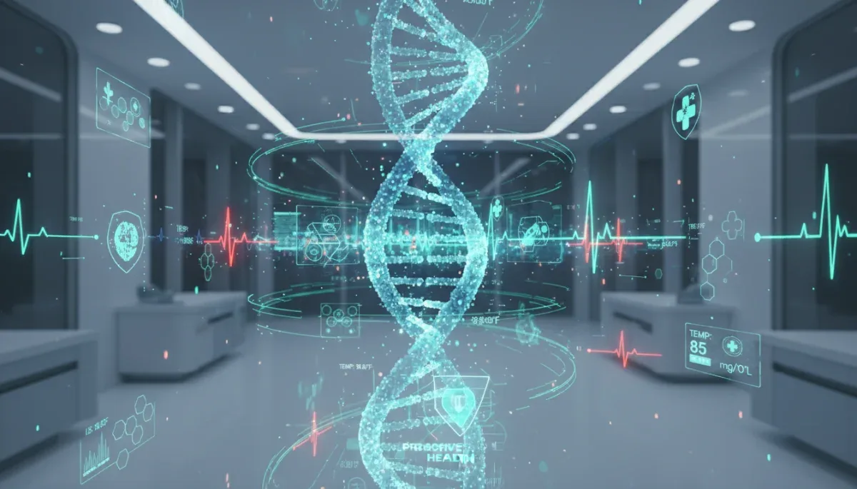 DNA helix with health data, symbolizing genetic predisposition and proactive health