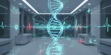 DNA helix with health data, symbolizing genetic predisposition and proactive health