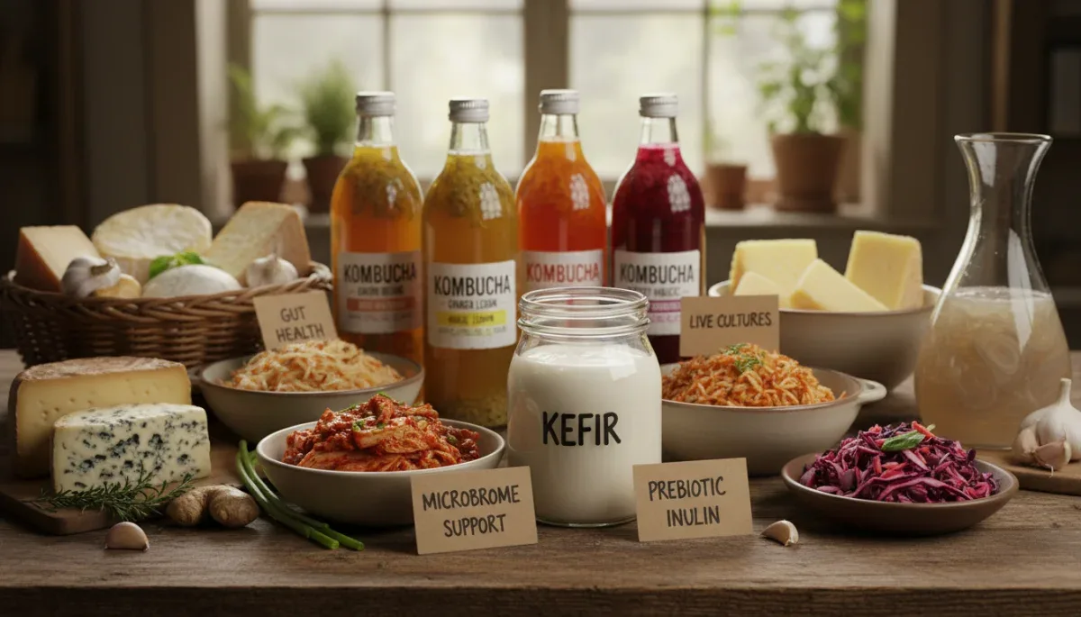Assortment of fermented foods and probiotic drinks