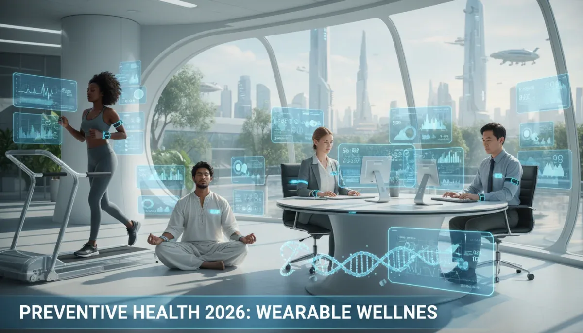 Futuristic wearable health devices monitoring diverse individuals in 2026
