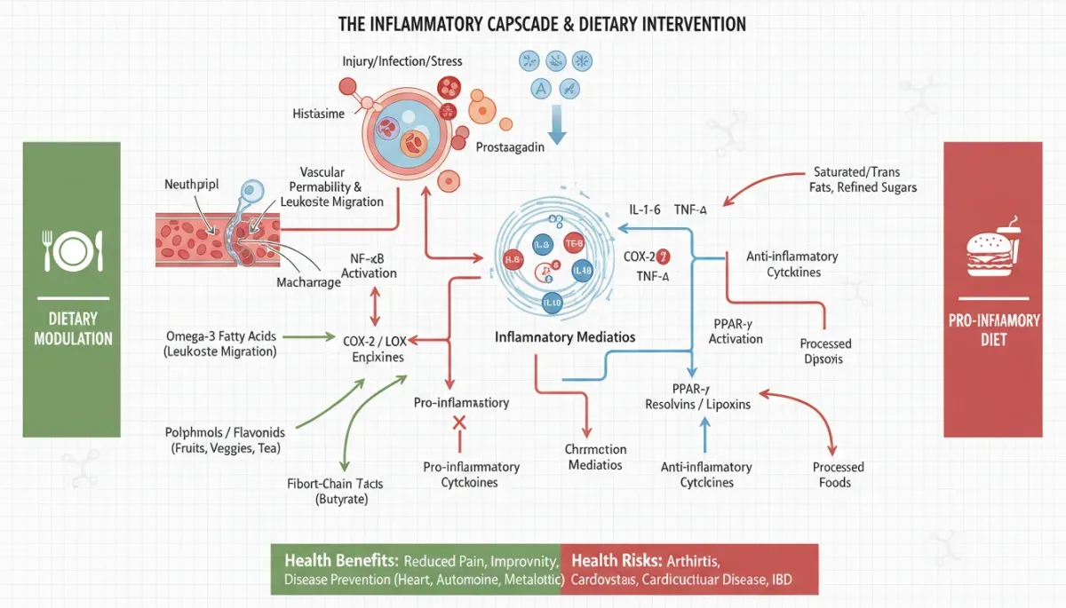 Infographic showing inflammatory pathways and dietary modulation