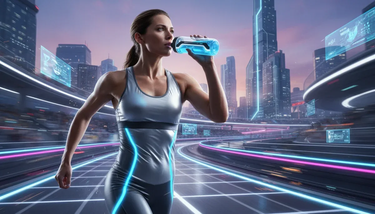 Female endurance athlete hydrating during a futuristic race, focused on peak performance.