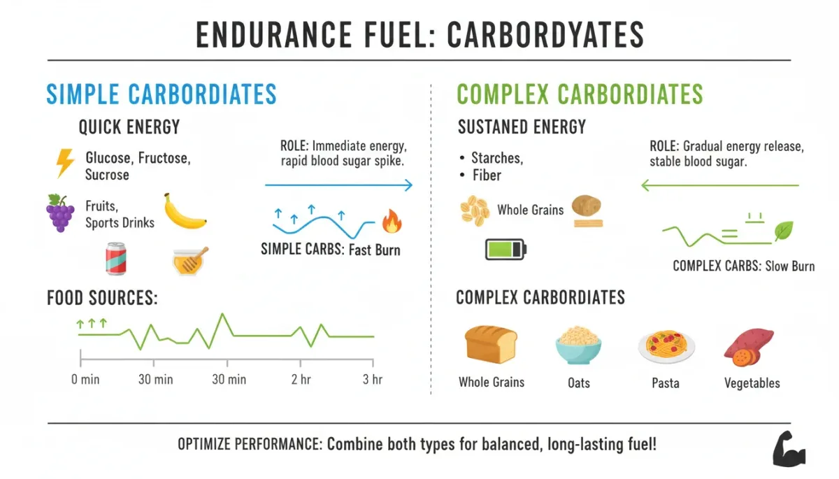 Infographic showing carbohydrate types and their energy release for endurance athletes.