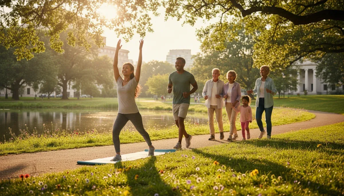 Diverse people exercising outdoors for mental well-being