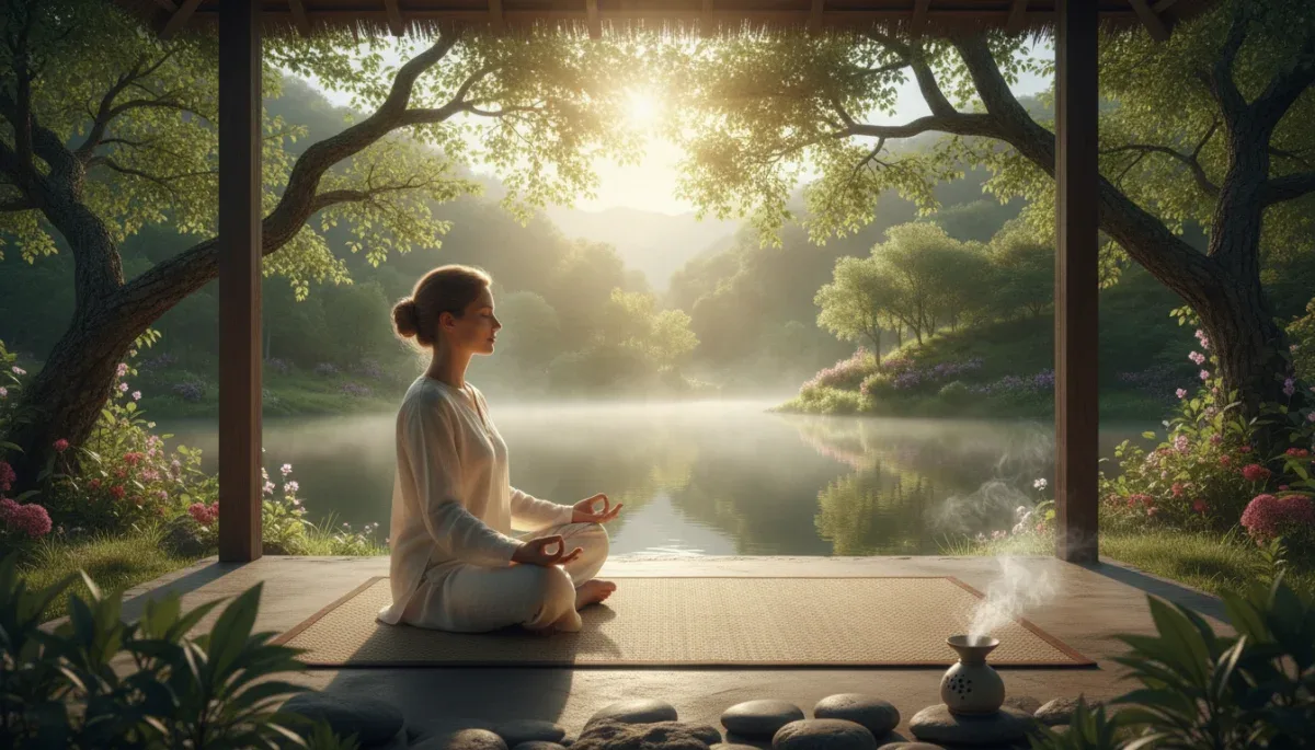 Person meditating in nature for stress reduction and mental clarity