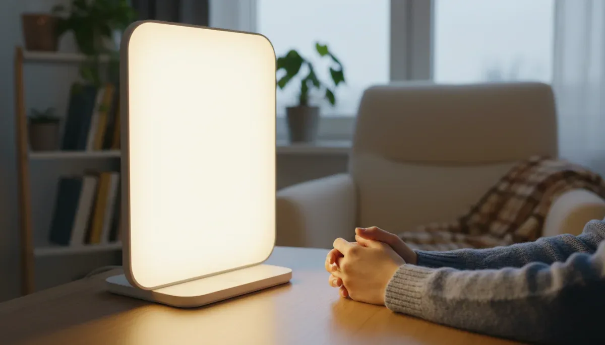 Light therapy lamp on desk for seasonal affective disorder treatment
