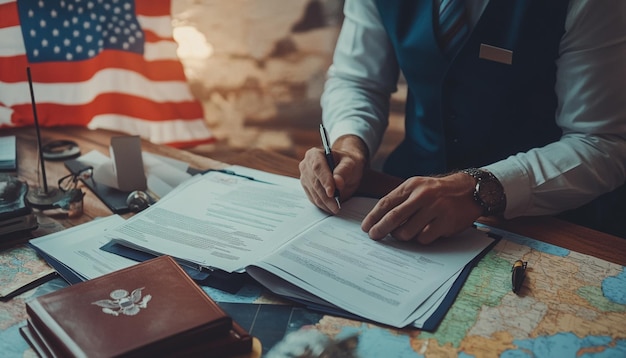 A government official reviewing immigration documents, highlighting the role of agencies in interpreting and enforcing immigration laws. The image should convey diligence and attention to detail.