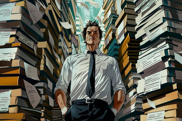 A visual representation of a small business owner looking overwhelmed by a stack of regulatory documents, symbolizing the compliance burden faced by SMBs. The background is a cluttered office.