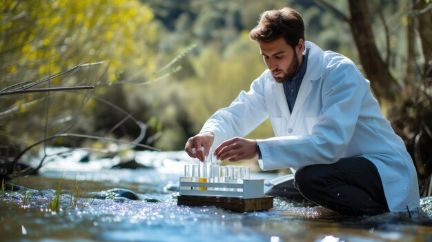 A close-up shot of a scientist in a lab coat testing water samples collected from a local river, showcasing the rigorous scientific processes behind environmental monitoring and regulation.