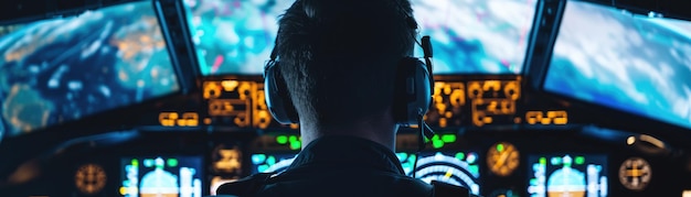 A close-up of a pilot in a modern cockpit, interacting with advanced flight control systems and displays. The pilot is wearing a headset and focused on the instruments, highlighting the precision and expertise required in aviation.