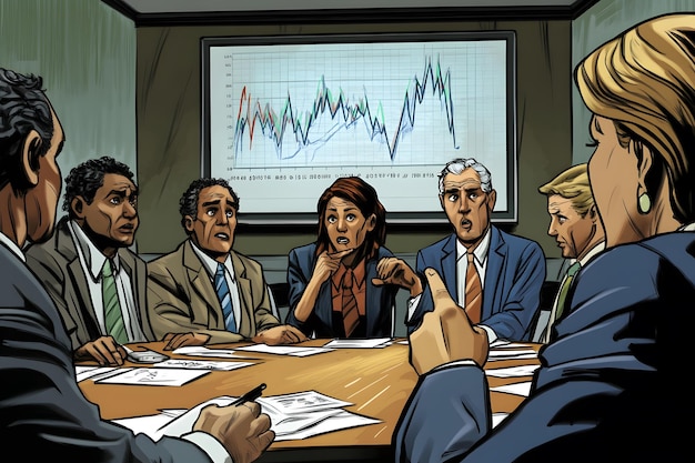 A visual representation of a diverse group of people in a meeting, symbolizing the Federal Open Market Committee (FOMC) discussing economic data and formulating monetary policy.