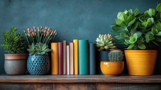 A well-organized bookshelf with color-coded books, minimalist decor items, and a small potted plant, creating a visually appealing and clutter-free display.