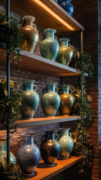 A close-up of a thrift store shelf filled with eclectic vases, picture frames, and decorative bowls. The lighting is soft, highlighting the textures and patterns of the items.