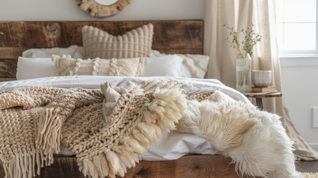 A cozy bedroom featuring a mix of textures, including a knitted throw blanket, linen bedding, and a woven area rug. The walls are painted in a soft, muted color, and natural light filters in through sheer curtains.