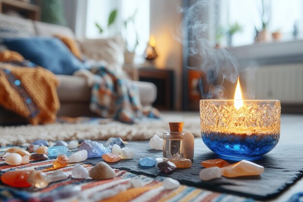 A variety of meditation cushions, candles, and calming crystals arranged in a serene meditation space, promoting mindfulness and relaxation.