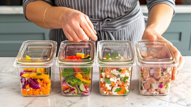A person neatly arranging and labeling various meal prep containers in a refrigerator, filled with healthy and pre-portioned meals for the week.