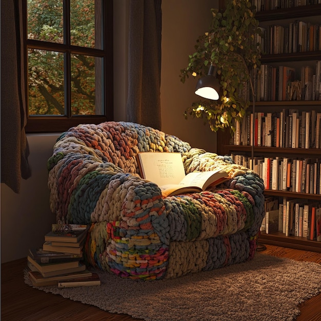 A cozy reading nook with a comfortable armchair, a soft blanket, a floor lamp, and a bookshelf filled with books.