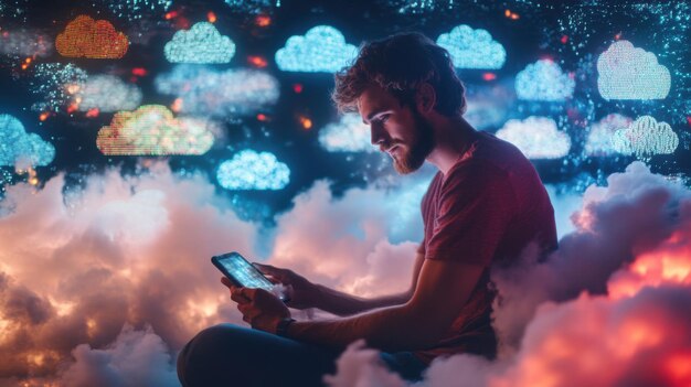 A gamer using a cloud gaming service on a mobile device, seamlessly playing a high-end game. The background shows a variety of playable devices, demonstrating the versatility of cloud gaming.