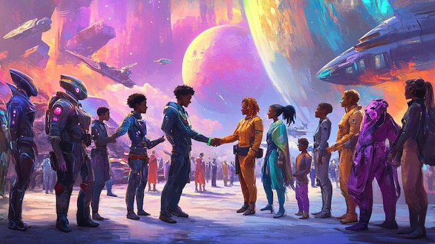A detailed digital painting showcasing a group of diverse animated characters, ranging in age, ethnicity, and physical ability, standing together in a vibrant, futuristic city landscape.